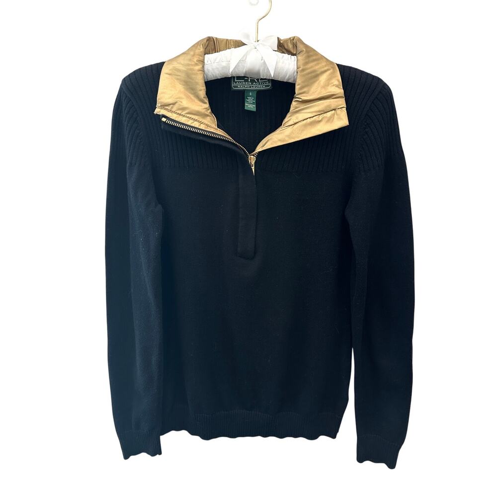 RALPH LAUREN Active Black Zip Cotton Knit Sweater Gold Collar Pullover | Small